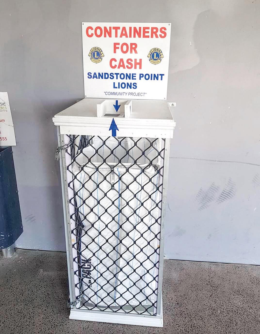 Bribie Island. Lions Club. Cans for cash. Charity. Not for profit